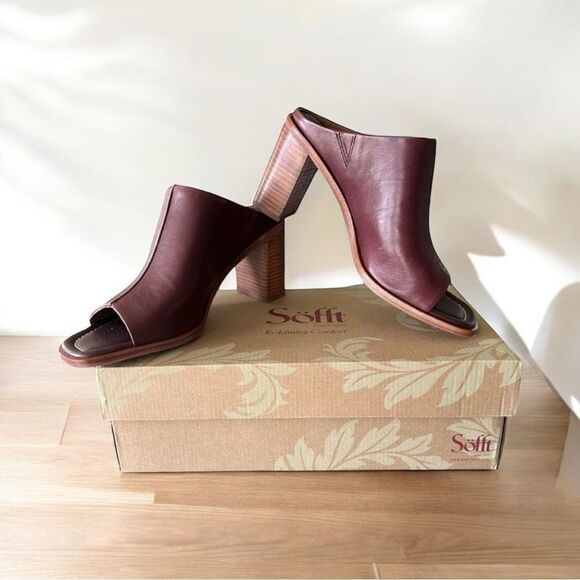 Sofft Safire Dark Red Italian Leather Open Toe Women’s Block Heel Mule Clogs 10 - Picture 1 of 10